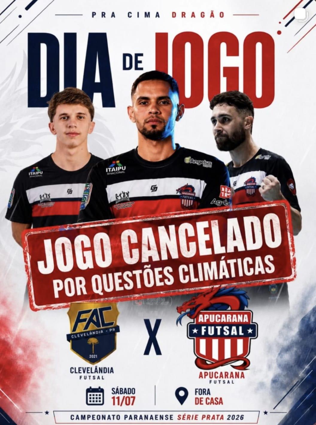 Jogo entre Clevelândia e Apucarana Futsal é transferido para 21 de agosto